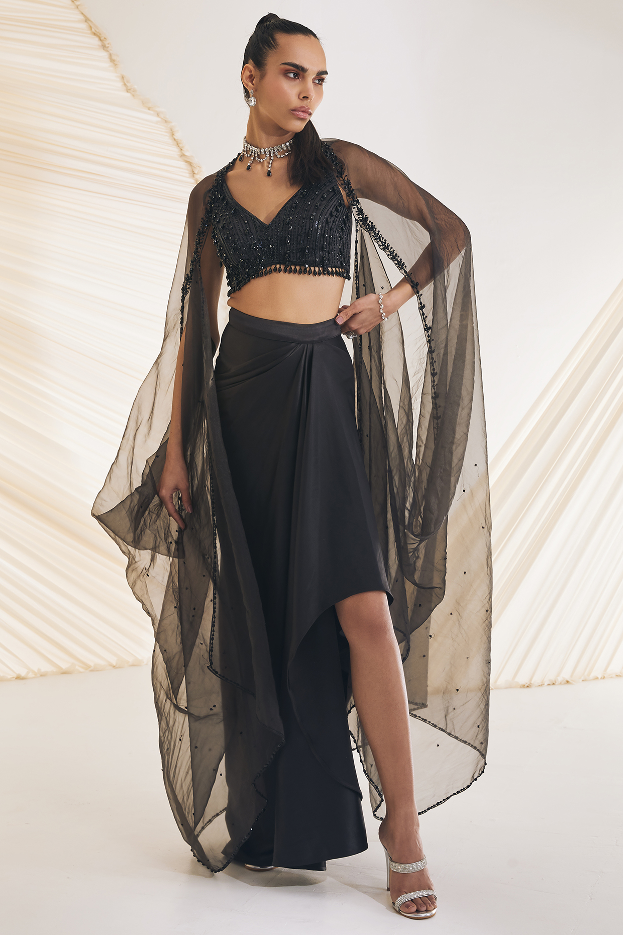 Black Satin Organza Draped Skirt Set by Divya Aggarwal