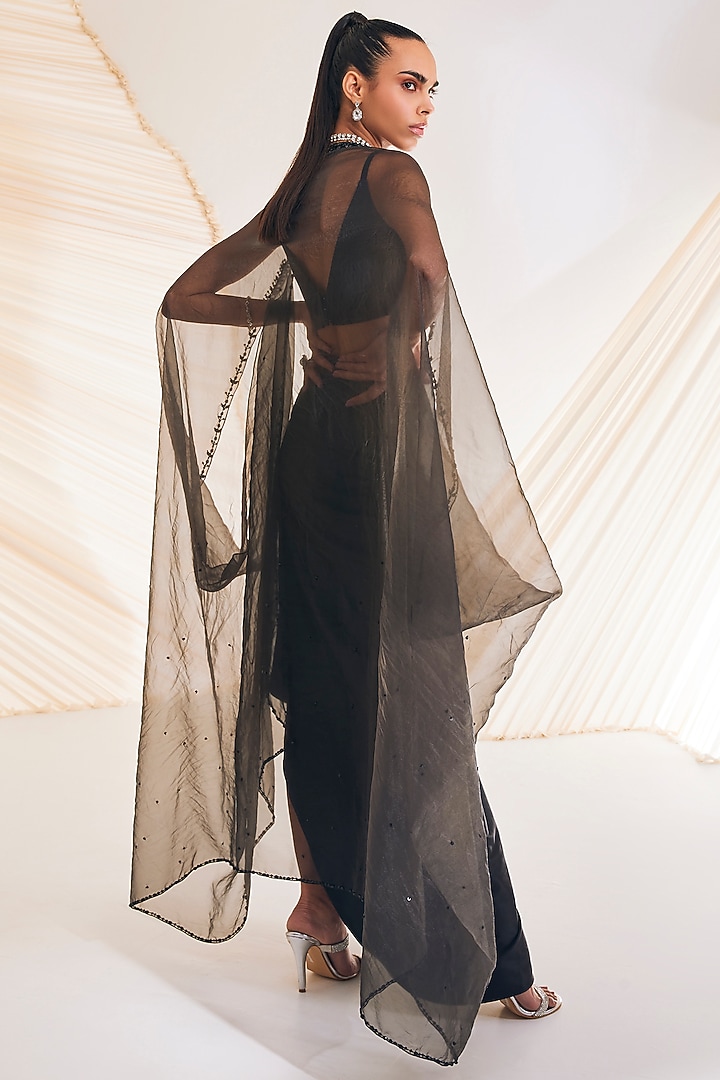 Black Satin Organza Draped Skirt Set by Divya Aggarwal at Pernia's Pop Up Shop
