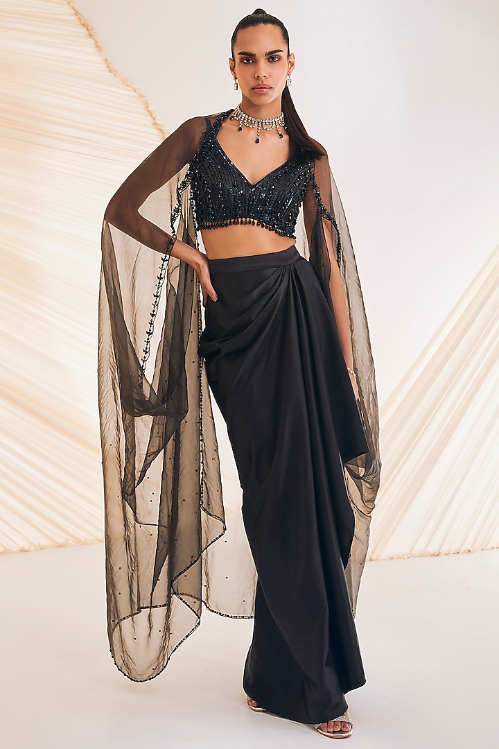 Black Satin Organza Draped Skirt Set by Divya Aggarwal at Pernia's Pop Up Shop
