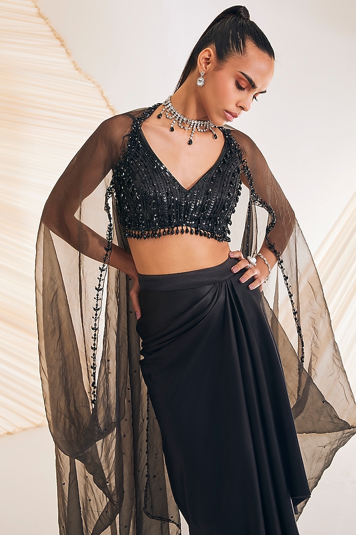 Black Satin Organza Draped Skirt Set by Divya Aggarwal at Pernia's Pop Up Shop
