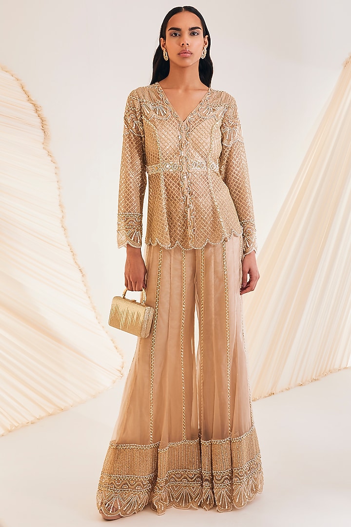 Beige Organza Hand Embellished Bridal Sharara Set by Divya Aggarwal at Pernia's Pop Up Shop