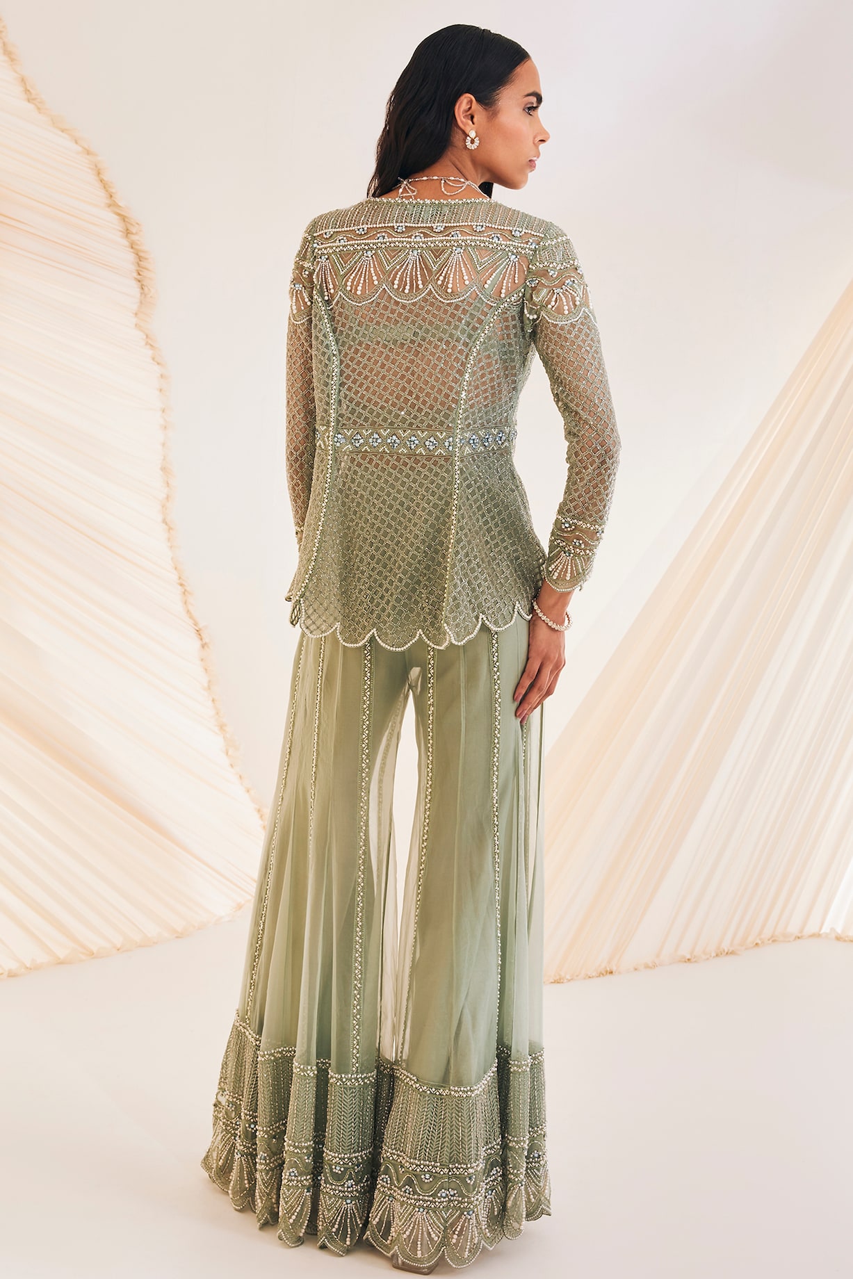 Sage Green Mirror Embellished Sharara set main image 1