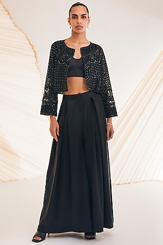 Black Satin Organza Hand Embellished Jacket Set by Divya Aggarwal
