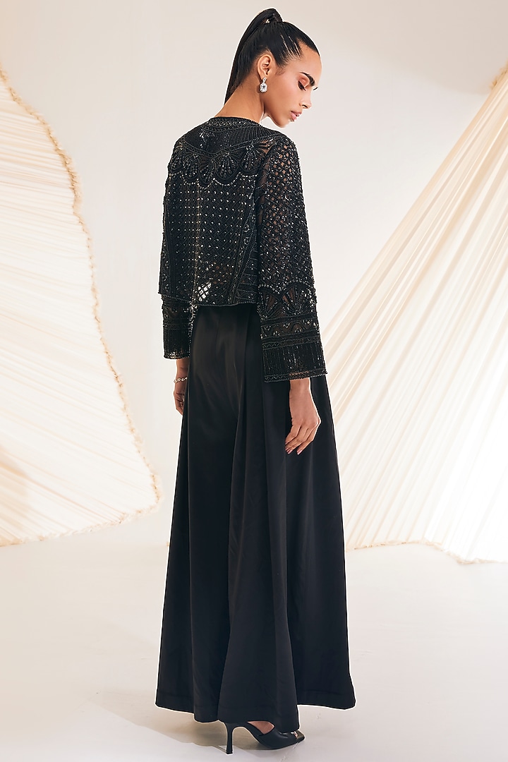 Black Satin Organza Hand Embellished Jacket Set by Divya Aggarwal at Pernia's Pop Up Shop