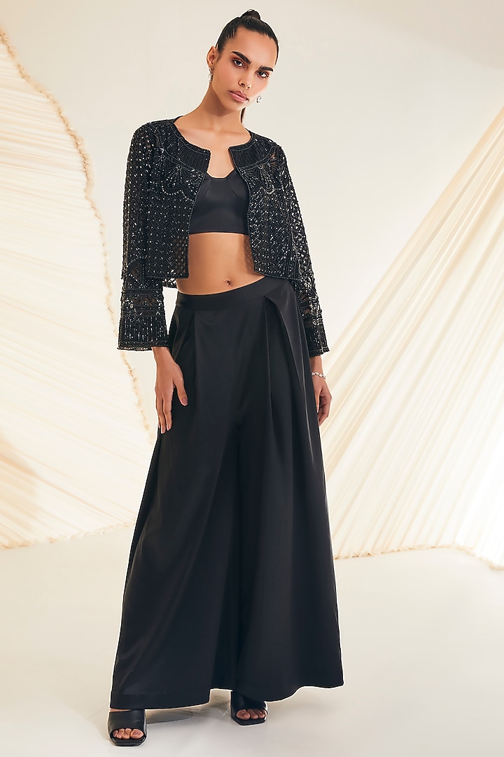 Black Satin Organza Hand Embellished Jacket Set by Divya Aggarwal at Pernia's Pop Up Shop