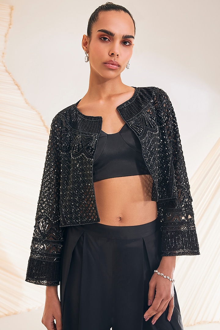 Black Satin Organza Hand Embellished Jacket Set by Divya Aggarwal at Pernia's Pop Up Shop