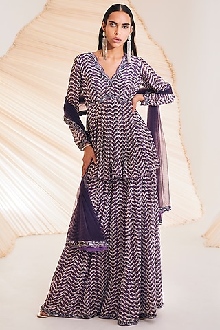 Purple Georgette & Organza Printed Sharara Set by Divya Aggarwal