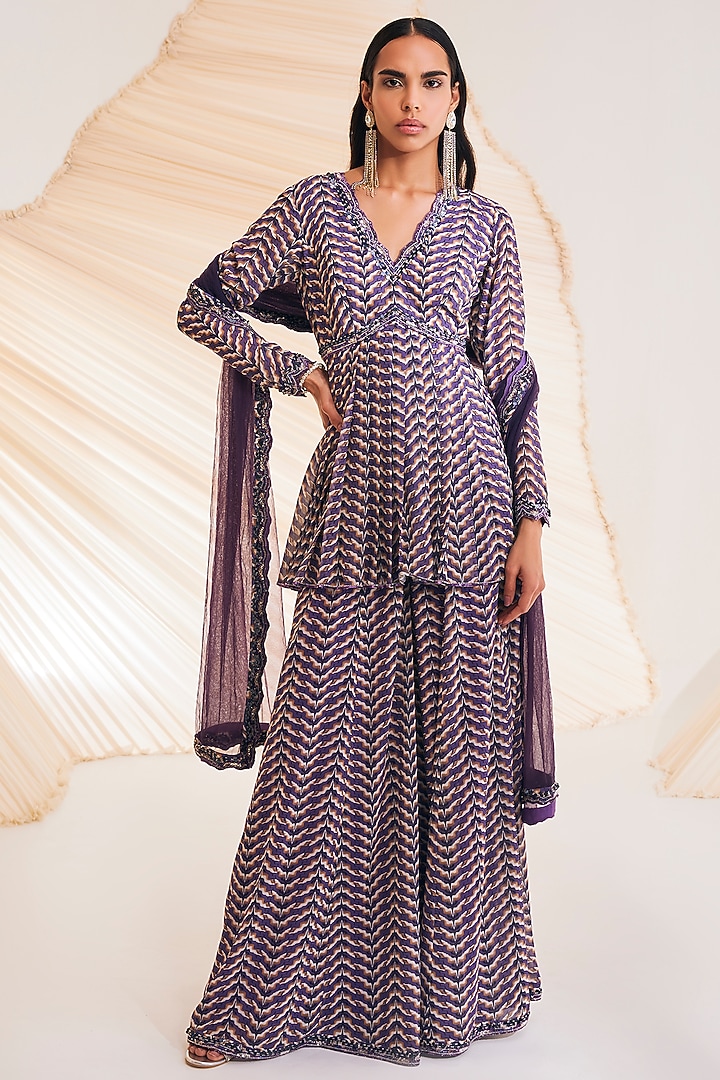 Purple Georgette & Organza Printed Wedding Sharara Set by Divya Aggarwal at Pernia's Pop Up Shop