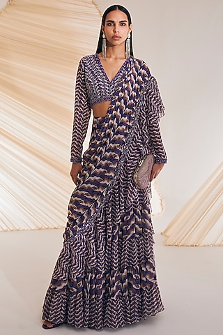 Purple Georgette Printed Concept Saree Set by Divya Aggarwal