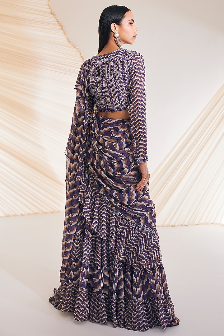 Purple Georgette Printed Concept Wedding Saree Set by Divya Aggarwal at Pernia's Pop Up Shop