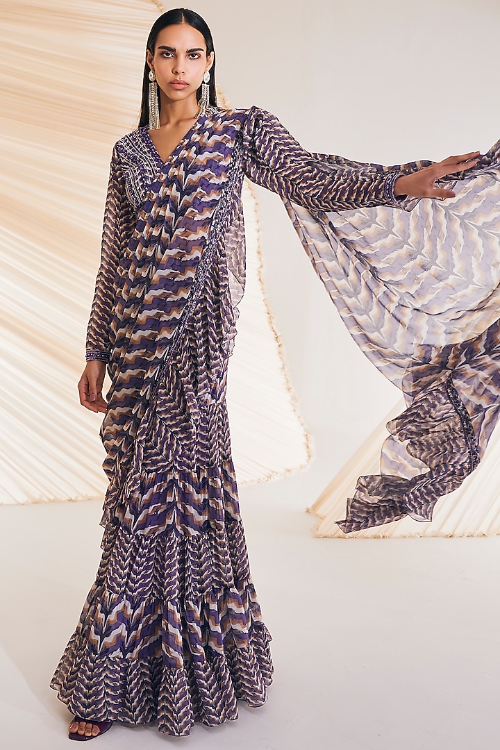 Purple Georgette Printed Concept Wedding Saree Set by Divya Aggarwal at Pernia's Pop Up Shop