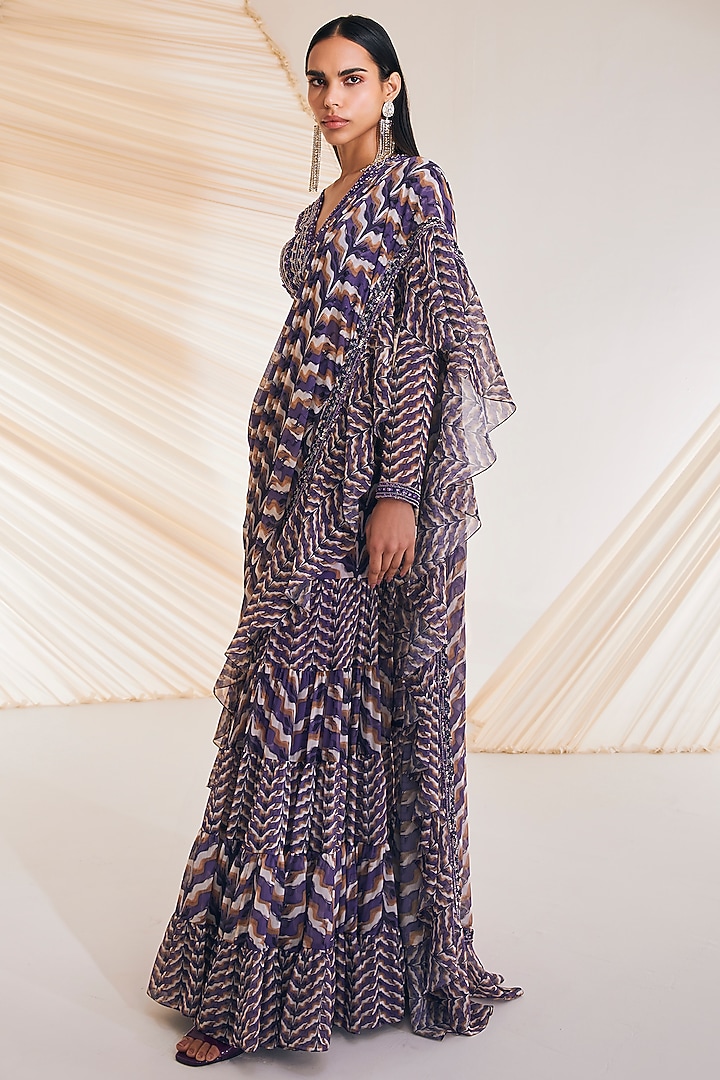 Purple Georgette Printed Concept Wedding Saree Set by Divya Aggarwal at Pernia's Pop Up Shop