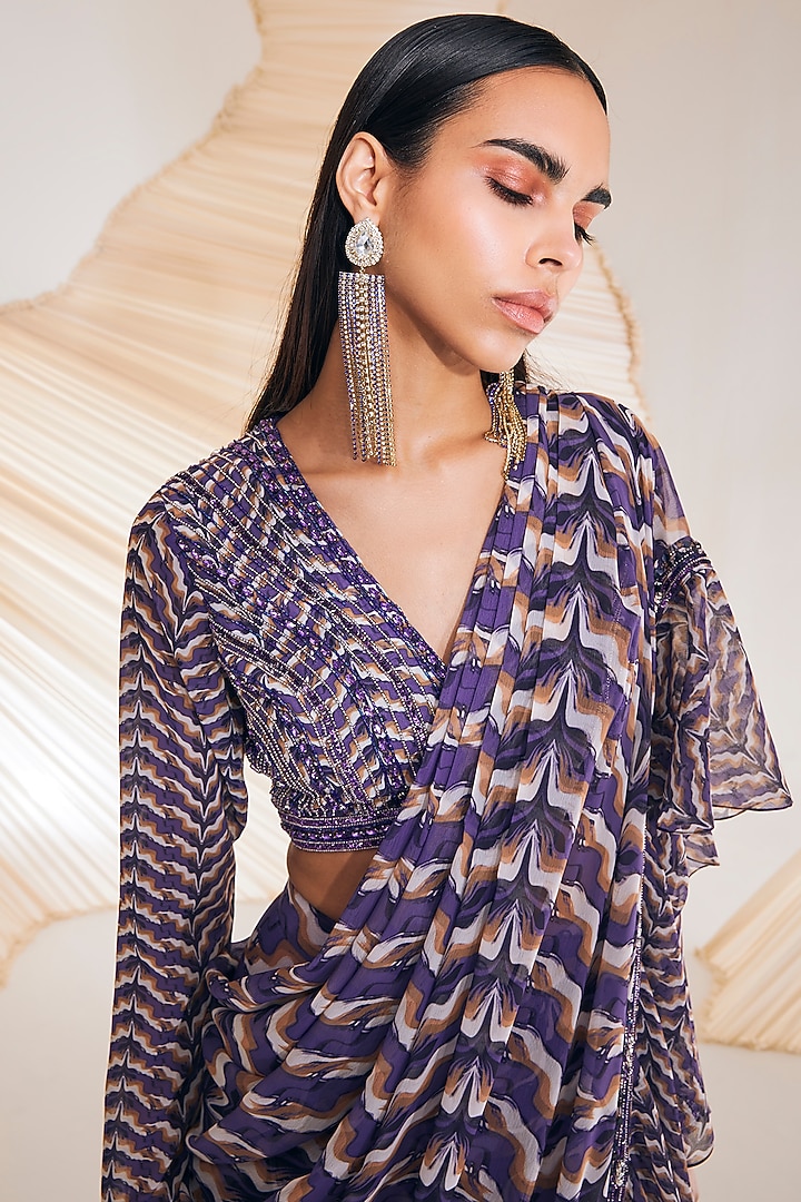 Purple Georgette Printed Concept Wedding Saree Set by Divya Aggarwal at Pernia's Pop Up Shop