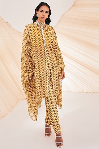 Yellow Chiffon & Silk Dupion Printed Kaftan Set by Divya Aggarwal