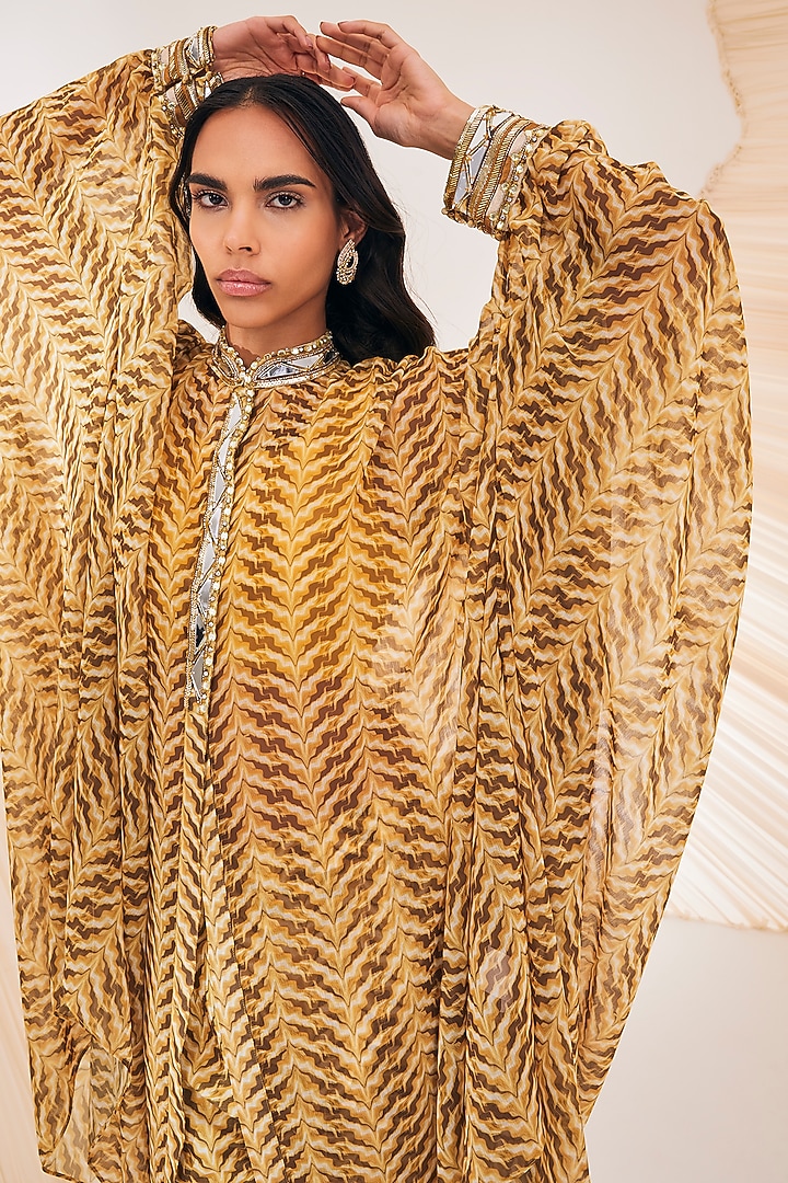 Yellow Chiffon & Silk Dupion Printed Kaftan Set by Divya Aggarwal at Pernia's Pop Up Shop