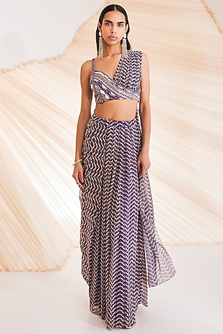 Purple Chiffon Printed Skirt Set by Divya Aggarwal