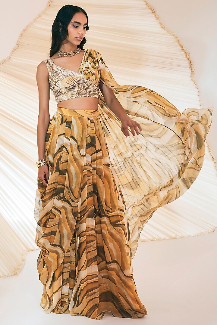 Yellow Chiffon Printed Skirt Set by Divya Aggarwal