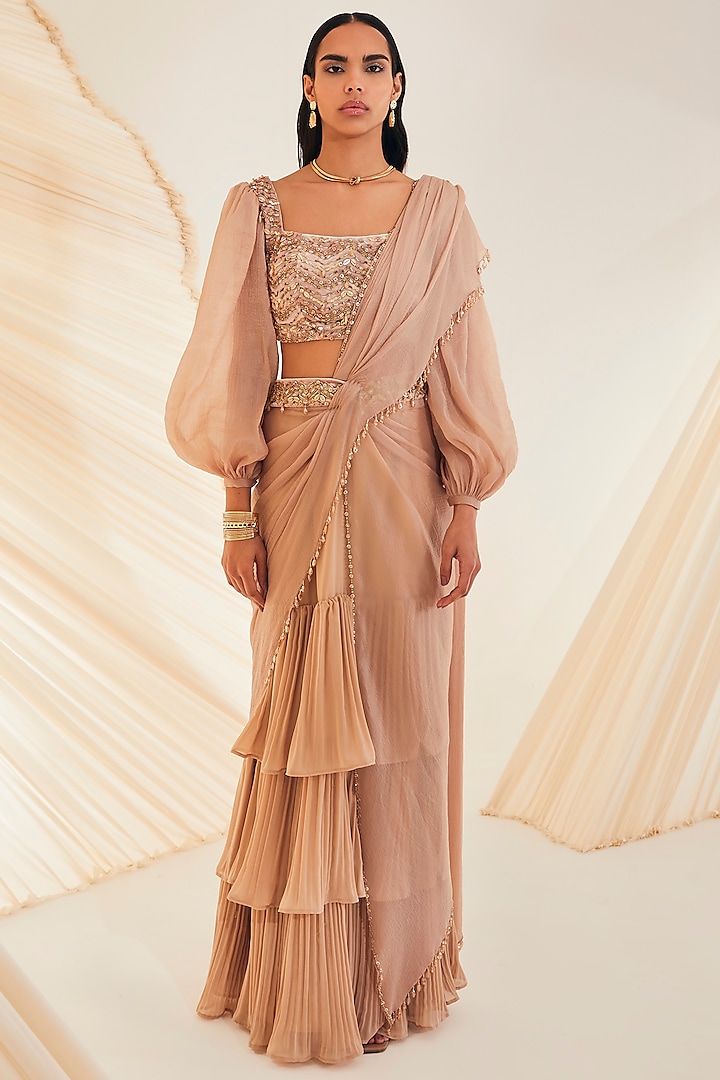 Beige Velvet & Crushed Organza Hand Embroidered Draped Saree Set by Divya Aggarwal