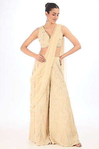 Peach Organza Sharara Saree Set by Divya Aggarwal
