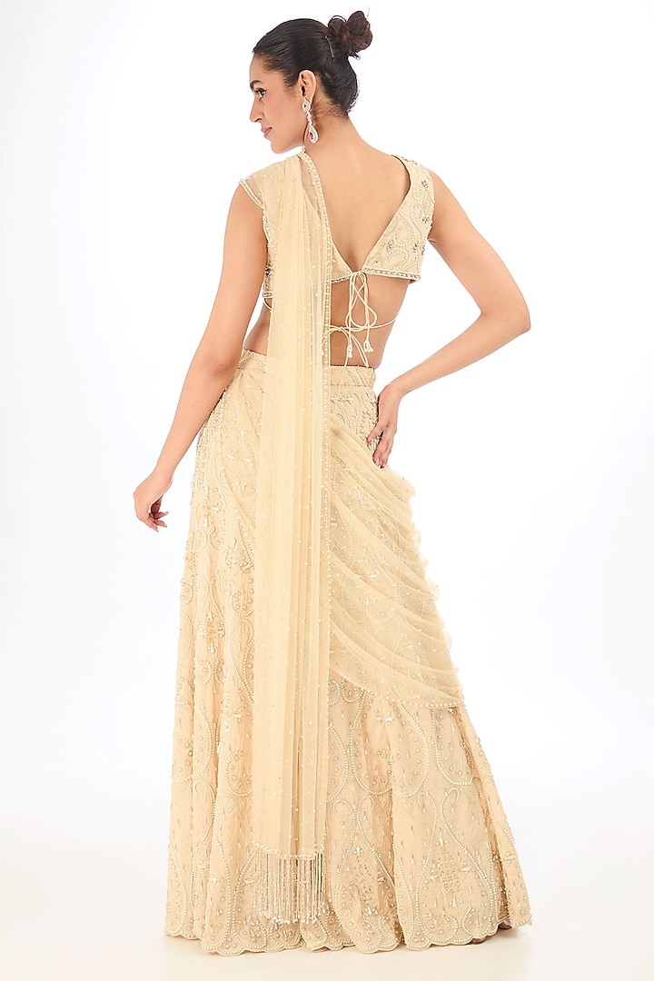 Peach Organza Sharara Reception Saree Set by Divya Aggarwal at Pernia's Pop Up Shop