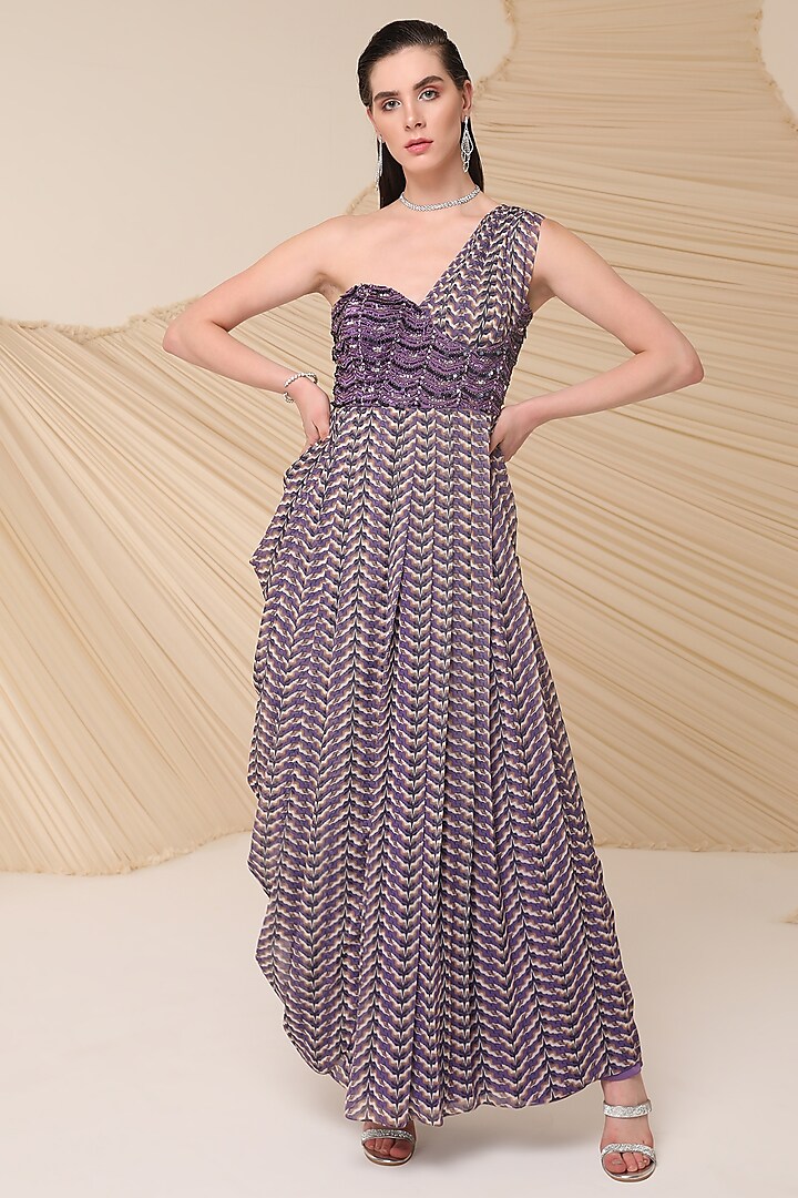 Purple Chiffon Asymmetrical Printed & Embellished One-Shoulder Dress by Divya Aggarwal