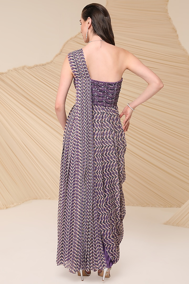 Purple Chiffon Asymmetrical Printed & Embellished One-Shoulder Cocktail Dress by Divya Aggarwal at Pernia's Pop Up Shop