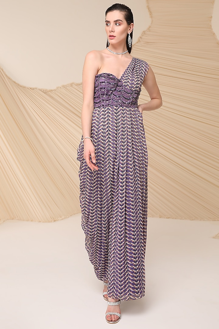 Purple Chiffon Asymmetrical Printed & Embellished One-Shoulder Cocktail Dress by Divya Aggarwal at Pernia's Pop Up Shop
