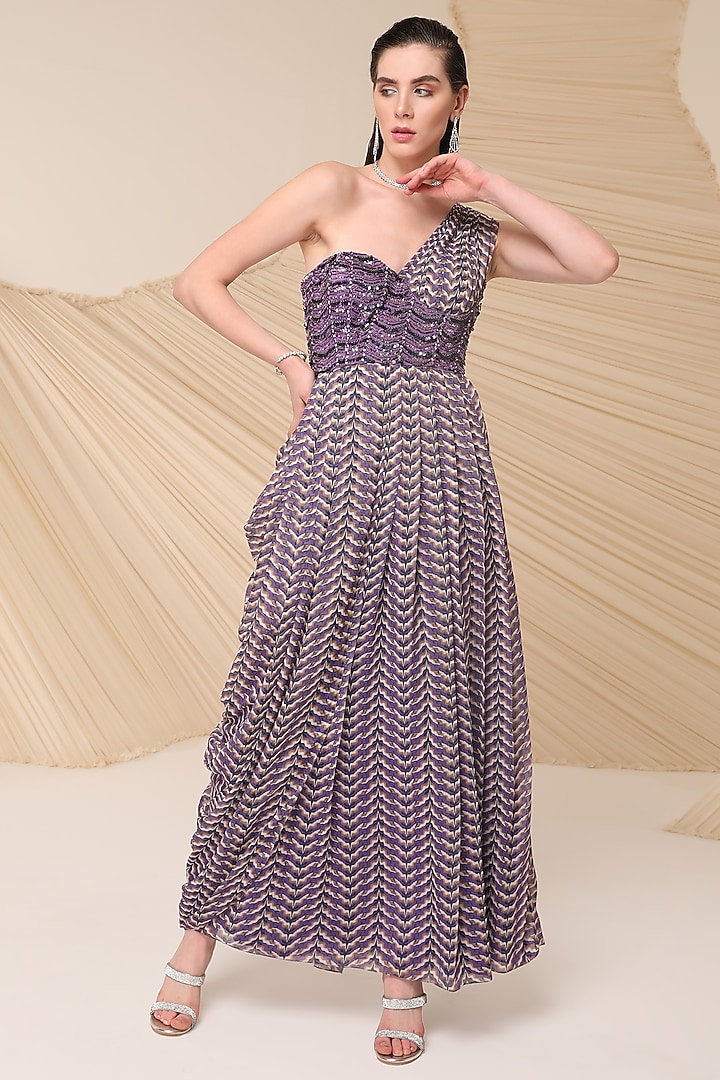 Purple Chiffon Asymmetrical Printed & Embellished One-Shoulder Cocktail Dress by Divya Aggarwal at Pernia's Pop Up Shop
