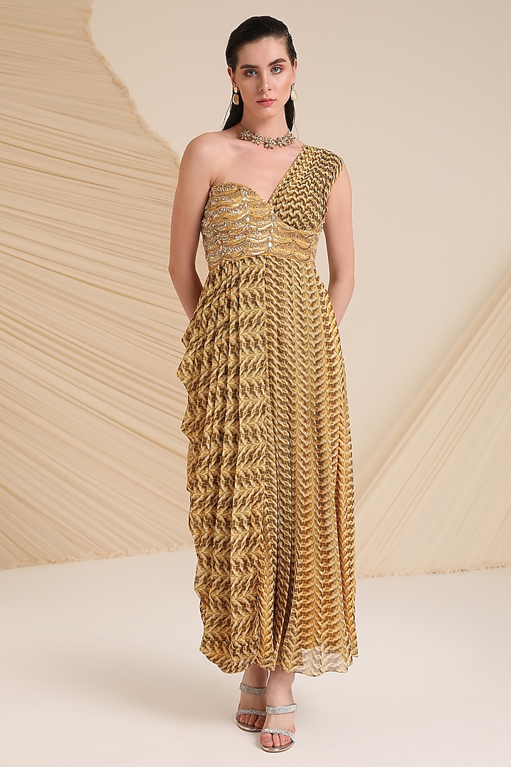 Yellow Chiffon Printed & Embellished Asymmetrical Cowl Dress by Divya Aggarwal