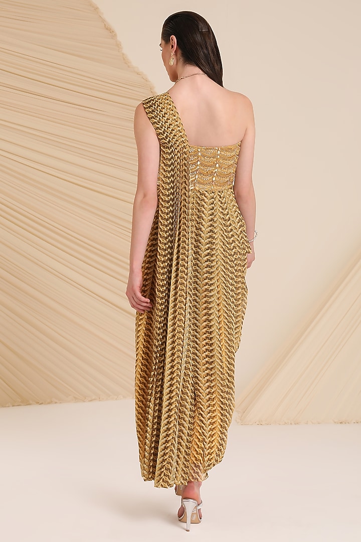 Yellow Chiffon Printed & Embellished Asymmetrical Cowl Cocktail Dress by Divya Aggarwal at Pernia's Pop Up Shop