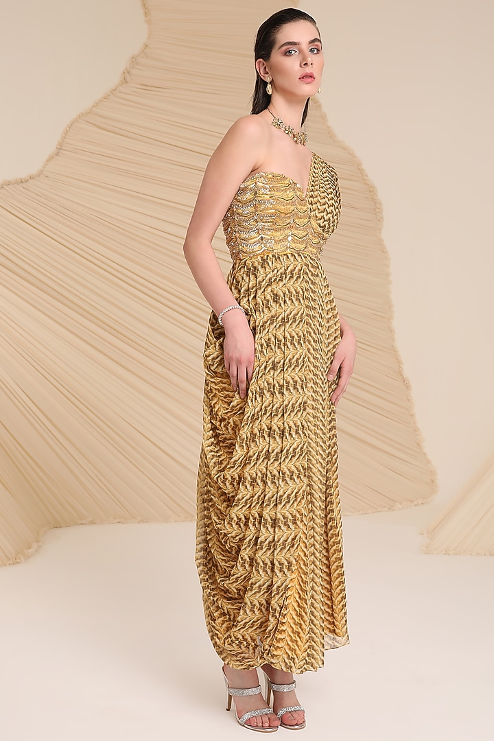 Yellow Chiffon Printed & Embellished Asymmetrical Cowl Cocktail Dress by Divya Aggarwal at Pernia's Pop Up Shop