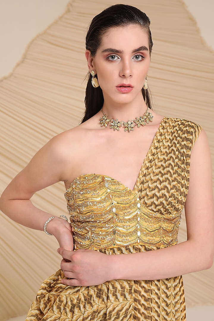 Yellow Chiffon Printed & Embellished Asymmetrical Cowl Cocktail Dress by Divya Aggarwal at Pernia's Pop Up Shop
