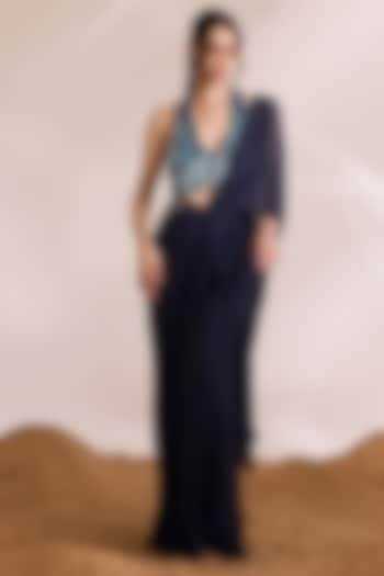 Navy Blue Georgette Ruffled Draped Wedding Saree Set by Divya Aggarwal at Pernia's Pop Up Shop