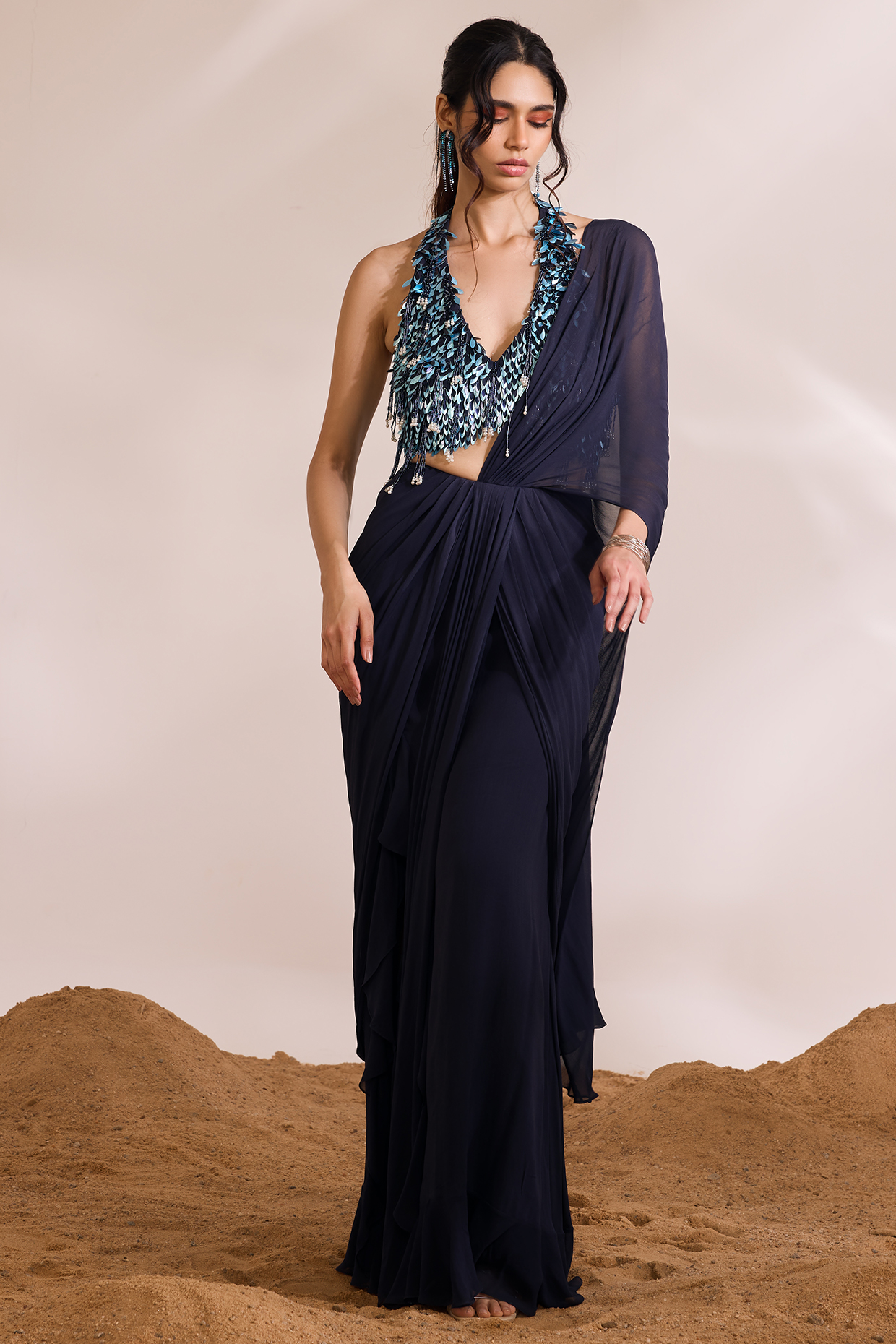 Navy Blue Georgette Ruffled Draped Wedding Saree Set by Divya Aggarwal at Pernia's Pop Up Shop