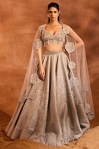 Silver Metallic Chanderi Embellished Lehenga Set by Divya Aggarwal