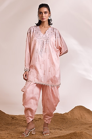 Pink Chanderi Silk Embellished Kaftan Set by Divya Aggarwal