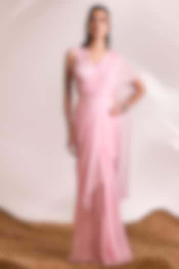 Pink Georgette Draped Saree Set by Divya Aggarwal at Pernia's Pop Up Shop