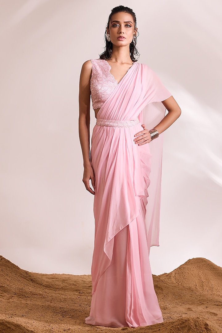 Pink Georgette Draped Saree Set by Divya Aggarwal at Pernia's Pop Up Shop