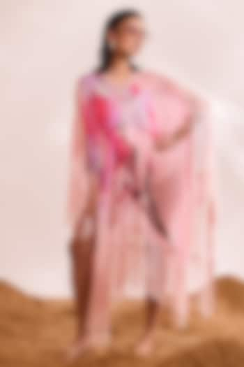 Pink Chiffon Printed & Embellished Kaftan by Divya Aggarwal at Pernia's Pop Up Shop