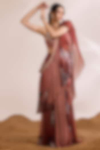 Rust Chiffon Printed & Embellished Draped Saree Set by Divya Aggarwal at Pernia's Pop Up Shop