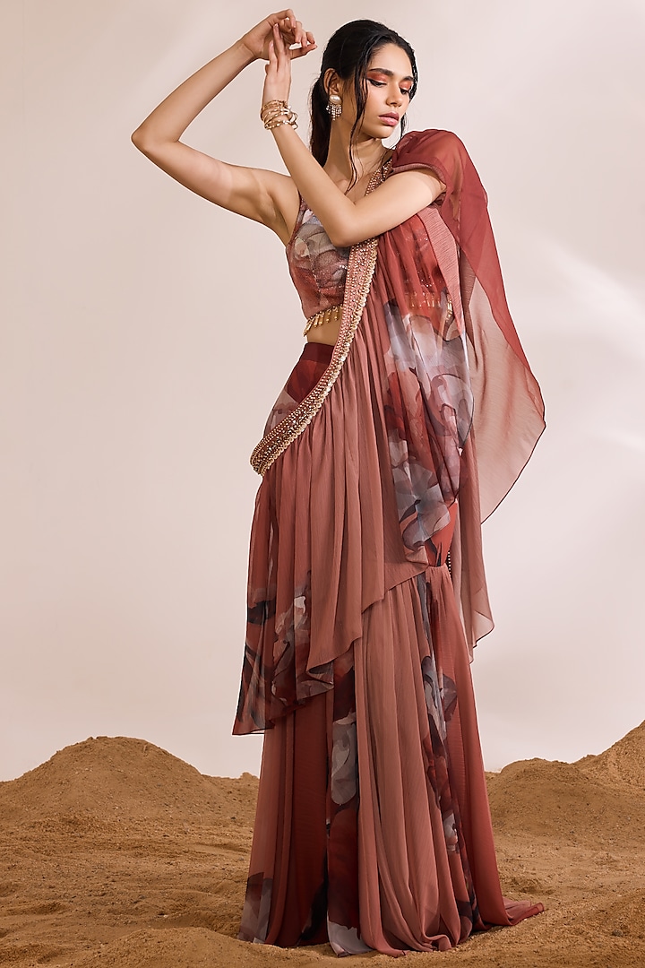 Rust Chiffon Printed & Embellished Draped Saree Set by Divya Aggarwal at Pernia's Pop Up Shop