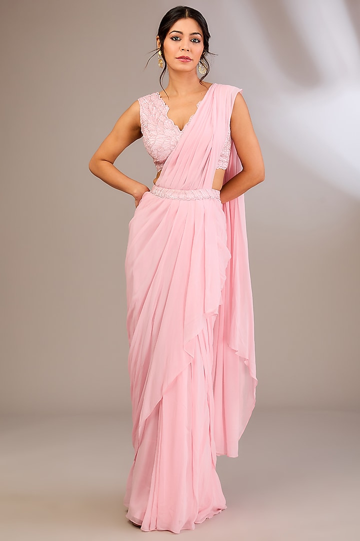 Pink Georgette Draped Ruffled Saree Set by Divya Aggarwal at Pernia's Pop Up Shop