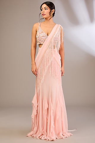 Pink Georgette Embroidered Draped Saree Set by Divya Aggarwal