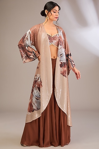 Multi-Colored Sheeted Sequin Floral Abstract Printed & Embroidered Cape Set by Divya Aggarwal