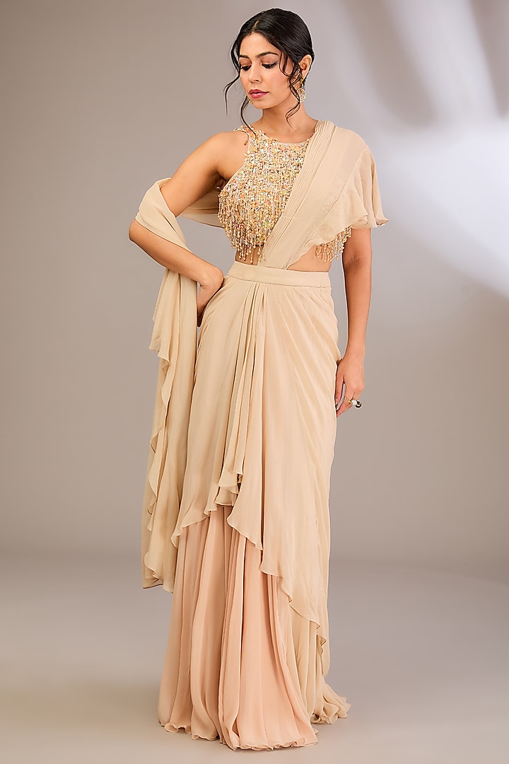 Beige Georgette Draped Saree Set by Divya Aggarwal at Pernia's Pop Up Shop