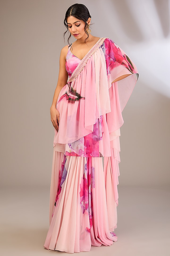 Pink Printed Chiffon Embroidered & Floral Printed Draped Ruffled Saree Set by Divya Aggarwal at Pernia's Pop Up Shop