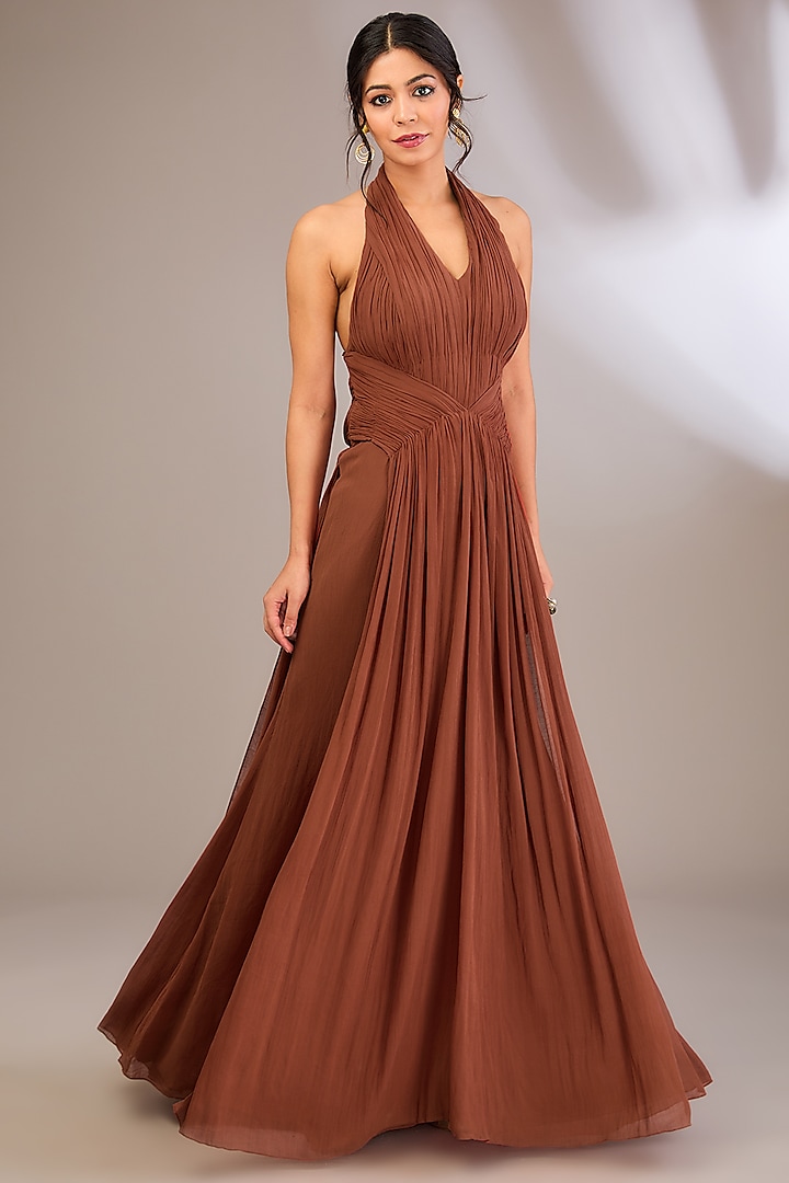 Rust Crinkle Chiffon Crinkle Embroidered Dress by Divya Aggarwal at Pernia's Pop Up Shop