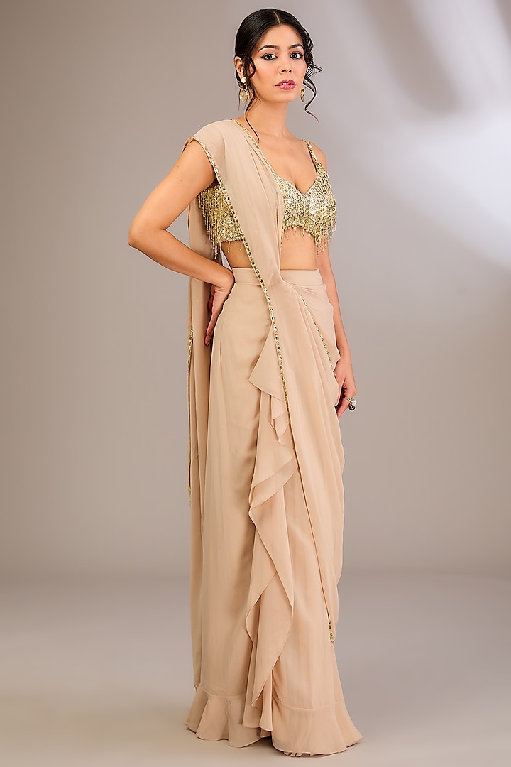 Beige Georgette Draped Saree Set by Divya Aggarwal at Pernia's Pop Up Shop