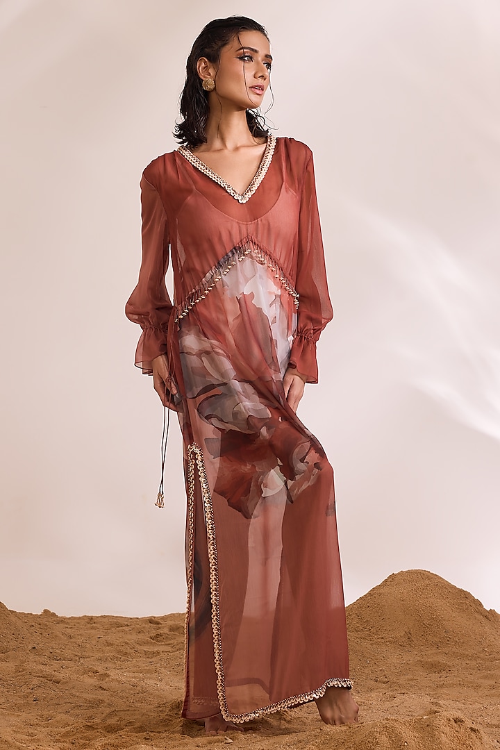 Rust Chiffon Abstract Printed Kaftan by Divya Aggarwal at Pernia's Pop Up Shop