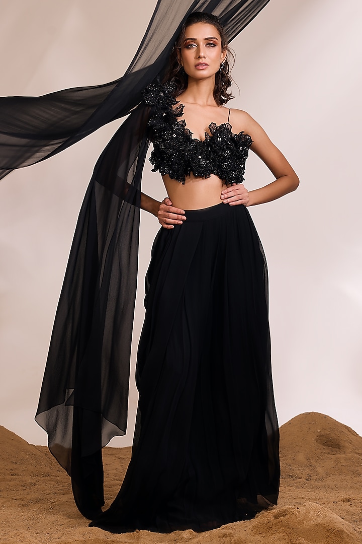 Black Georgette Draped Skirt Set by Divya Aggarwal at Pernia's Pop Up Shop